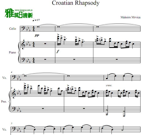 克罗地亚狂想曲 Croatian Rhapsody大提琴钢琴合奏谱