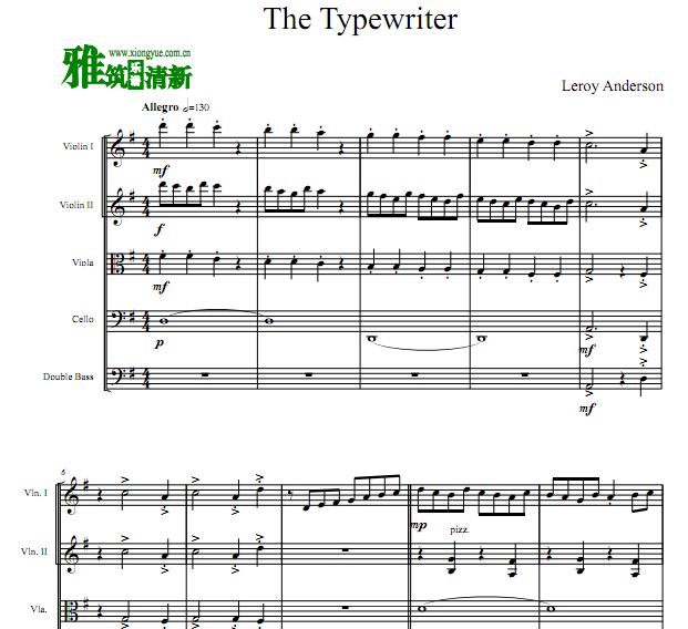 Leroy Anderson - The Typewriter弦乐五重奏谱
