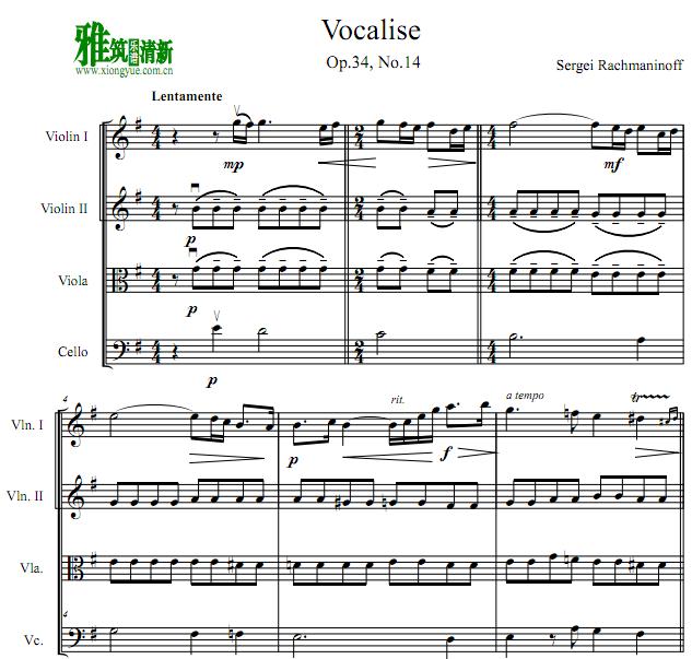 拉赫玛尼诺夫 练声曲 Vocalise Op.34, No.14弦乐四重奏谱
