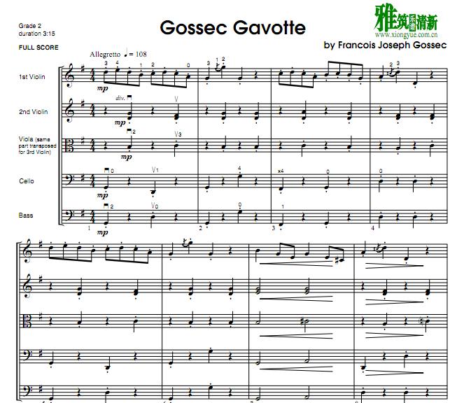 戈塞克 Gossec - 加沃特舞曲 Gavotte弦乐五重奏谱