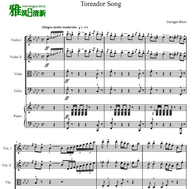 比才 Toreador Song斗牛士之歌钢琴五重奏谱