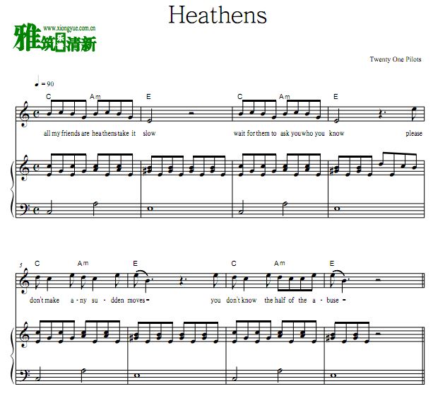 二十一名飞行员 - Heathens正谱 弹唱钢琴谱 歌谱