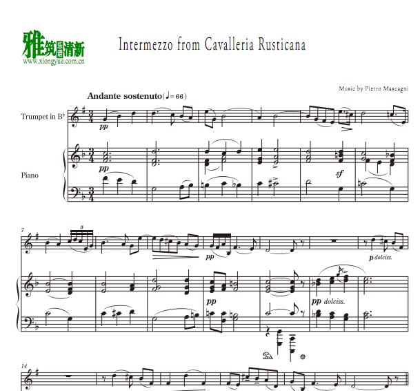 Intermezzo from Cavalleria Rusticana乡村骑士间奏曲小号钢琴伴奏谱