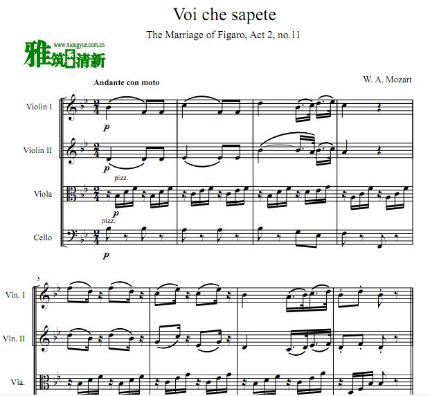  Voi che sapete 费加罗的婚礼弦乐四重奏谱