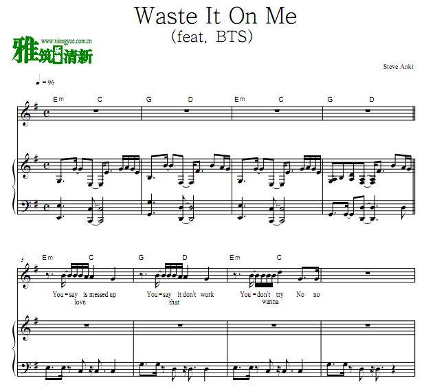 Steve Aoki x BTS - Waste It On Me 钢琴弹唱谱 歌谱 正谱