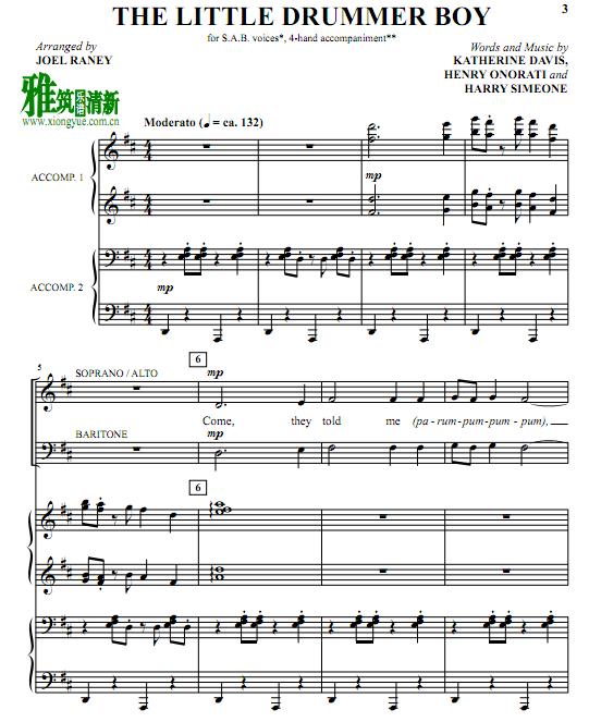Little drummer boy 三声部合唱四手联弹钢琴伴奏谱