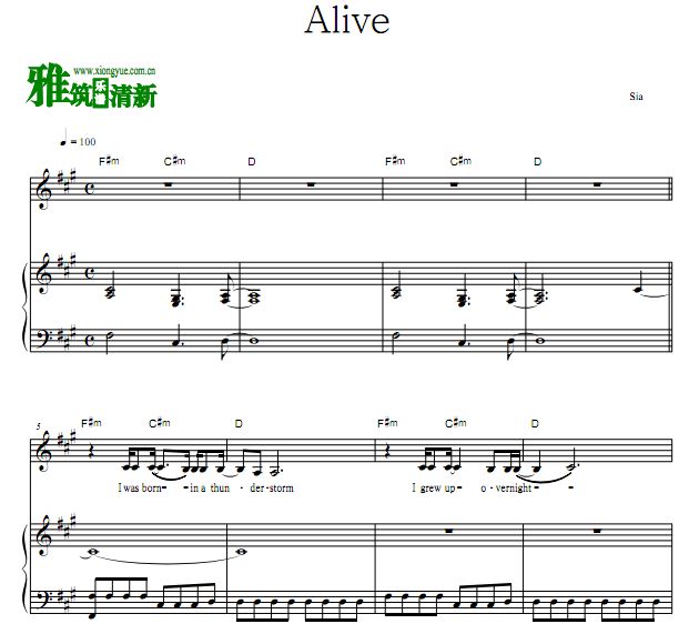 Sia - Alive原版歌谱 弹唱伴奏钢琴谱