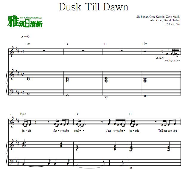 Sia - Dusk Till Dawn 钢琴弹唱伴奏谱 歌谱