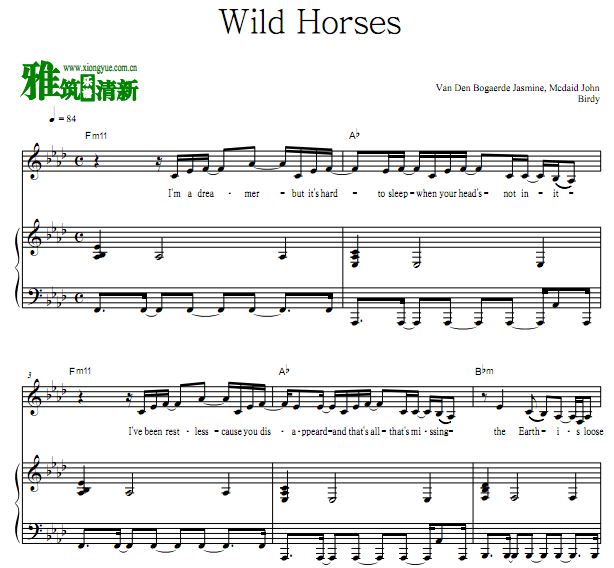 Birdy - Wild Horses 钢琴弹唱伴奏谱 歌谱