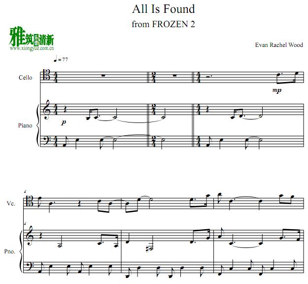 allisfound钢琴谱,allisfound简谱五线谱 冰雪奇缘2 all is found 大提琴钢琴伴奏谱