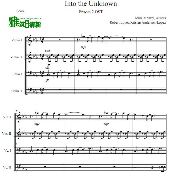 FROZEN2 - Into The Unknown双小提琴双大提琴弦乐四重奏谱