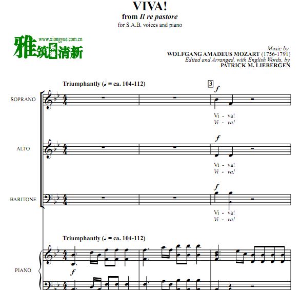 歌剧牧人王 Il re pastore - Viva!三声部合唱谱 钢琴伴奏谱SAB