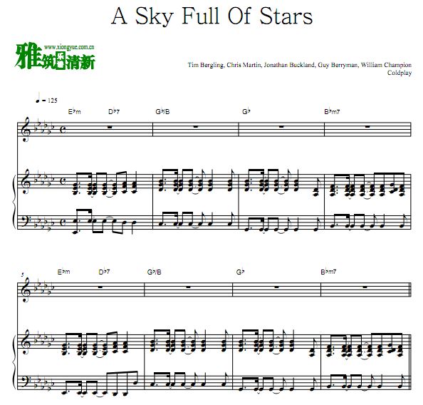 Coldplay - A Sky Full Of Stars歌谱 弹唱伴奏钢琴谱