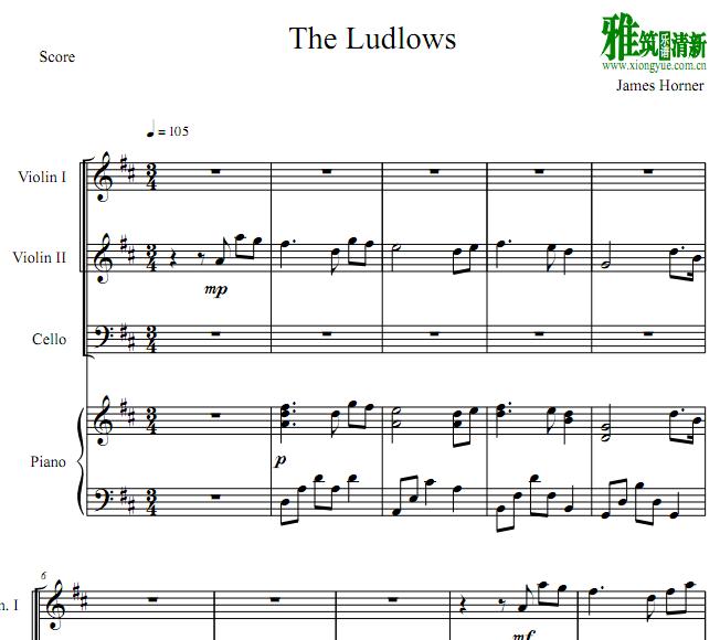 燃情岁月 The ludlows 两小提琴一大提琴钢琴四重奏谱