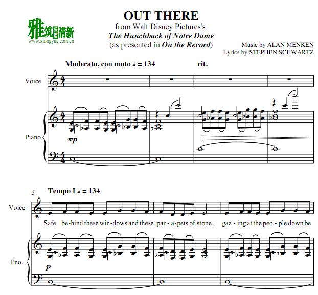 钟楼怪人The Hunchback of Notre Dame - OUT THERE钢琴伴奏谱