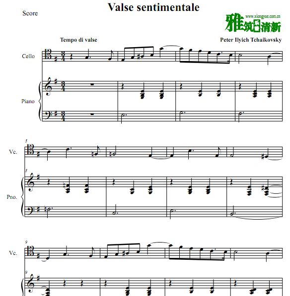 柴可夫斯基  忧伤圆舞曲 Valse sentimentale Op.51, No.6大提琴钢琴伴奏谱