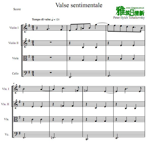 柴可夫斯基  忧伤圆舞曲（Op.51, No.6）弦乐四重奏谱