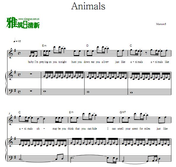 Maroon 5 魔力红  Animals钢琴伴奏谱