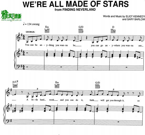 寻找梦幻岛 - Finding Neverland - We're All Made of Stars钢琴伴奏谱