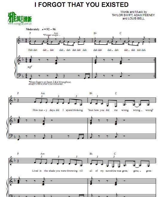 Taylor Swift - I Forgot That You Existed钢琴伴奏谱