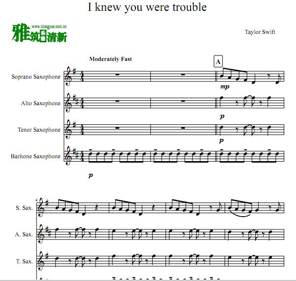 I knew you were trouble萨克斯四重奏总谱