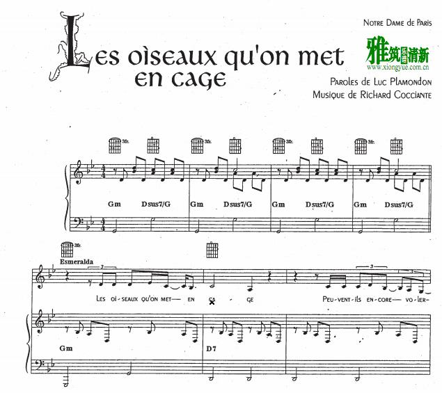 音乐剧 巴黎圣母院 Notre Dame de Paris - 笼中鸟钢琴伴奏谱