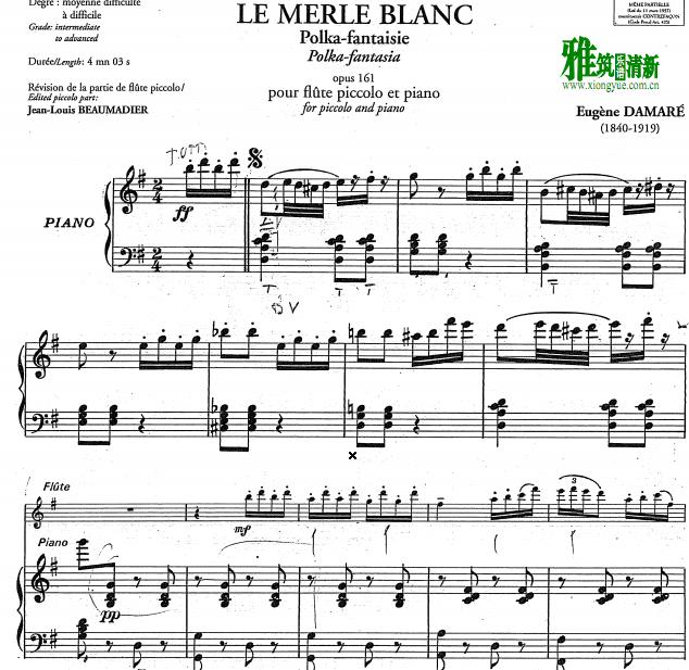 Eugene Damare 达马丽  博卡幻想曲 短笛钢琴伴奏谱 LE MERLE BLANC