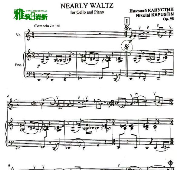 卡普斯汀 Kapustin op98 Nearly Waltz 大提琴钢琴谱