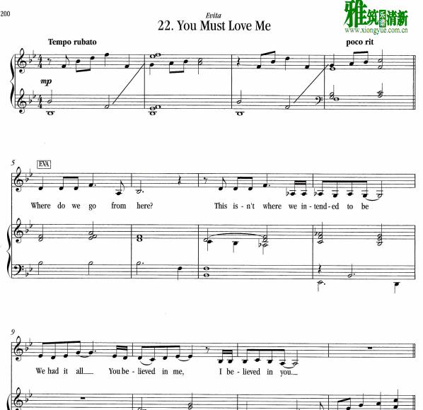 贝隆夫人Evita - You Must Love Me钢琴伴奏谱