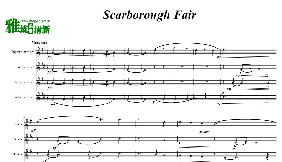 斯卡布罗集市 Scarborough Fair萨克斯四重奏谱