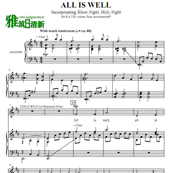 All Is Well / Silent night,Holy night长笛钢琴伴奏四声部合唱谱