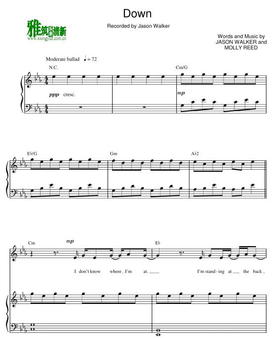 Jason Walker - Down钢琴伴奏谱