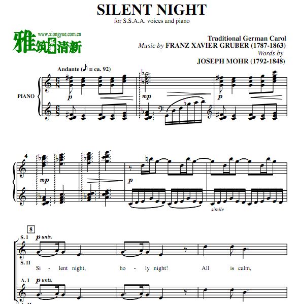 平安夜 Silent Night四声部合唱谱 SSAA