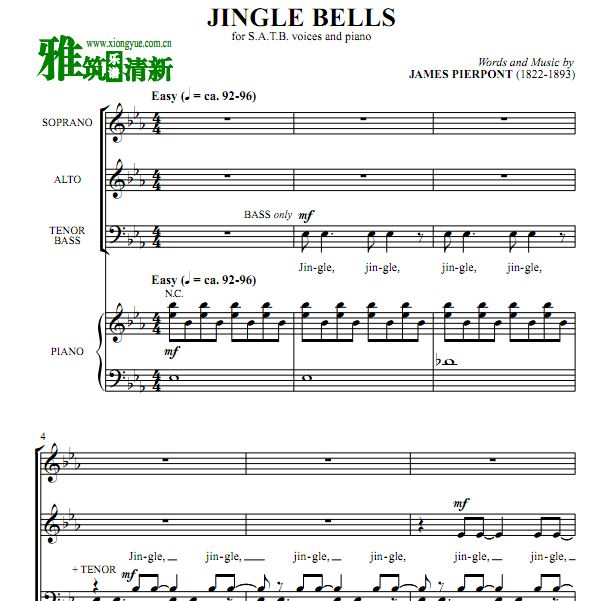 铃儿响叮当 Jingle Bells钢琴伴奏爵士版合唱谱 SATB