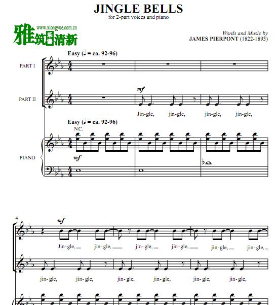 铃儿响叮当 Jingle Bells二部合唱钢琴伴奏谱 爵士版