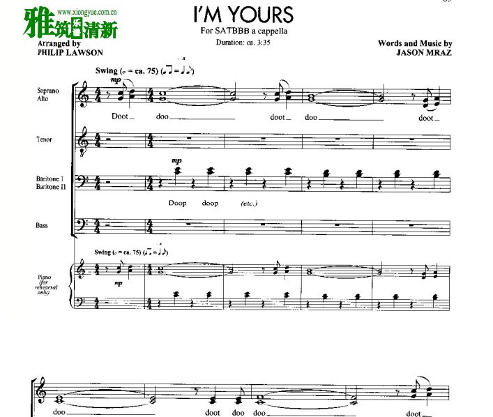 the king's singers 国王歌手I'm yours SATBBB阿卡贝拉合唱谱