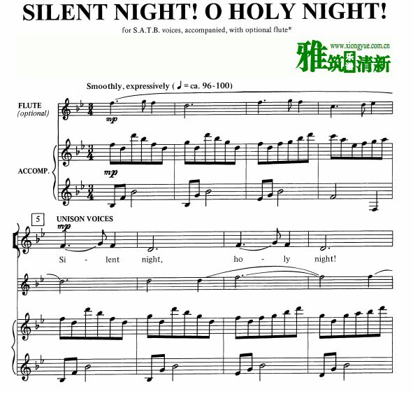 Silent Night! O Holy Night!四声部合唱谱 长笛钢琴伴奏谱