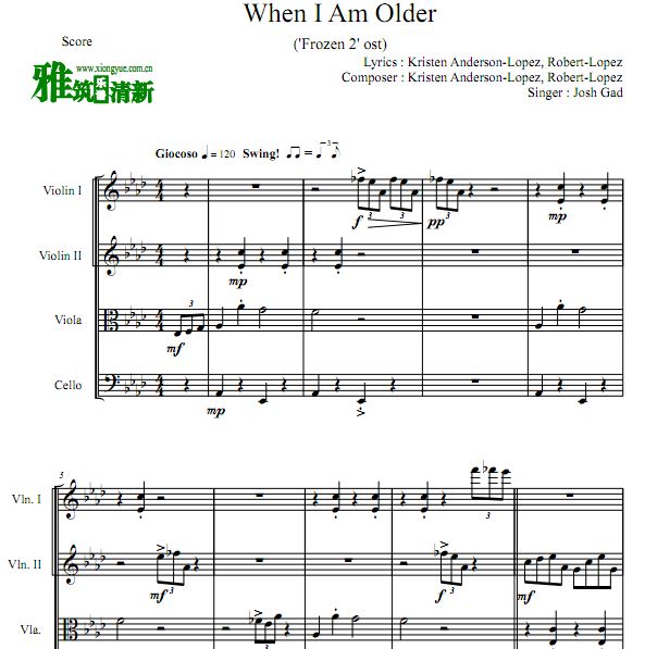 FROZEN2 - When I Am Older 弦乐四重奏谱