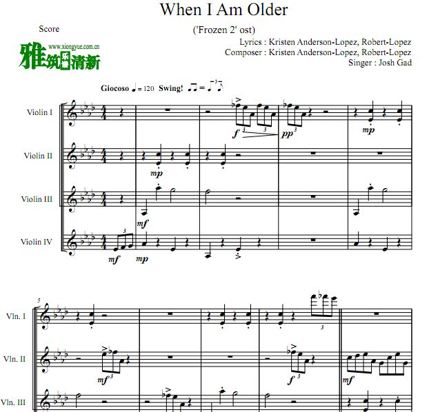 FROZEN2 - When I Am Older小提琴四重奏谱