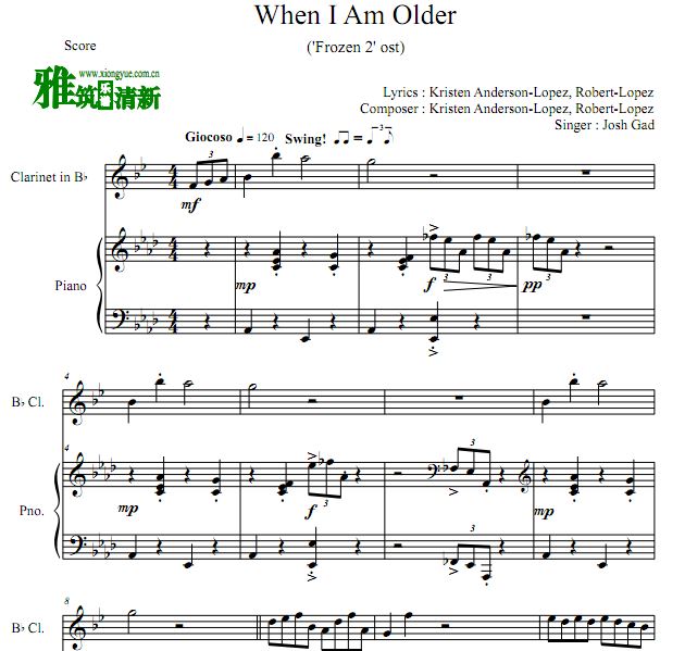FROZEN2 - When I Am Older单簧管钢琴伴奏谱