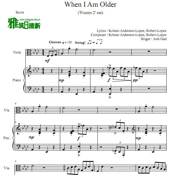 FROZEN2 - When I Am Older中提琴钢琴合奏谱