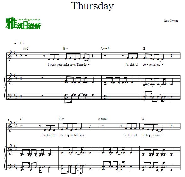 Jess Glynne - Thursday歌谱 伴奏弹唱钢琴谱