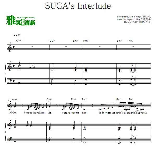 SUGA , Halsey - SUGA's Interlude 弹唱钢琴谱