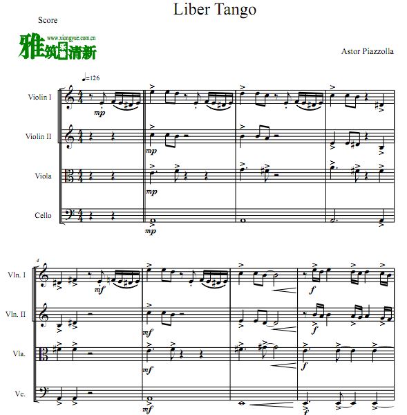 古典辣妹版 自由探戈Libertango弦乐四重奏谱
