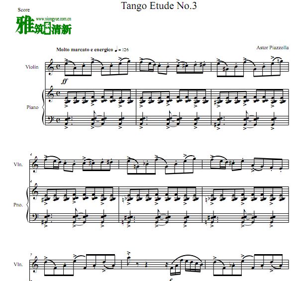 皮亚佐拉 探戈练习曲No.3小提琴钢琴二重奏谱