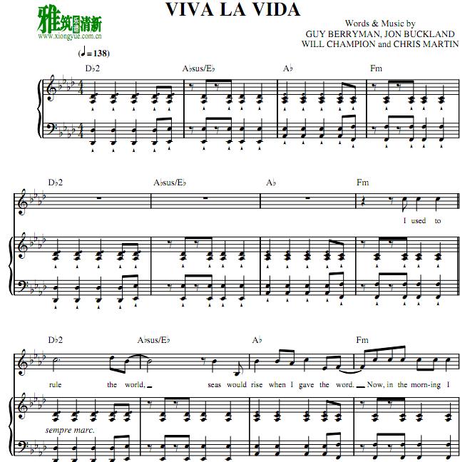 Coldplay - Viva La Vida伴奏弹唱钢琴谱 歌谱
