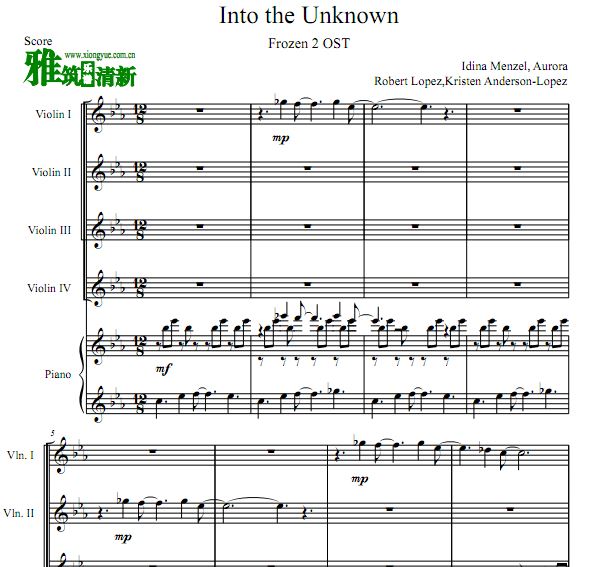 FROZEN2 - Into The Unknown四小提琴钢琴合奏谱