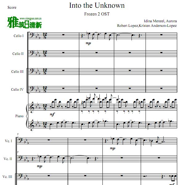 冰雪奇缘2 Into The Unknown四把大提琴钢琴重奏谱