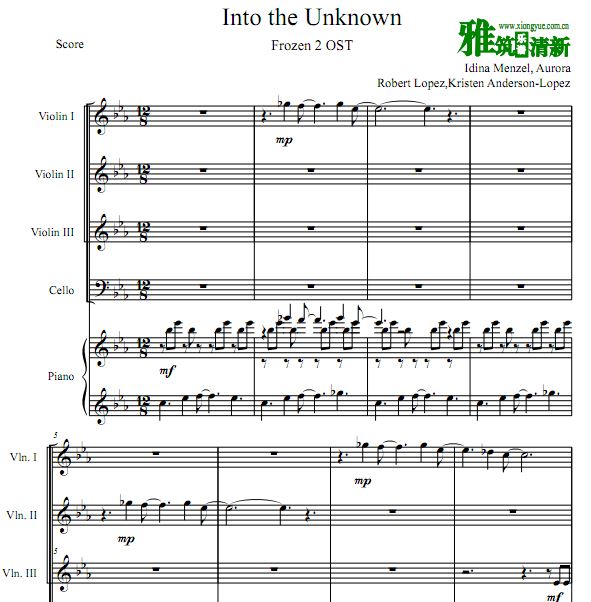 FROZEN2 - Into The Unknown三小提琴大提琴钢琴五重奏谱