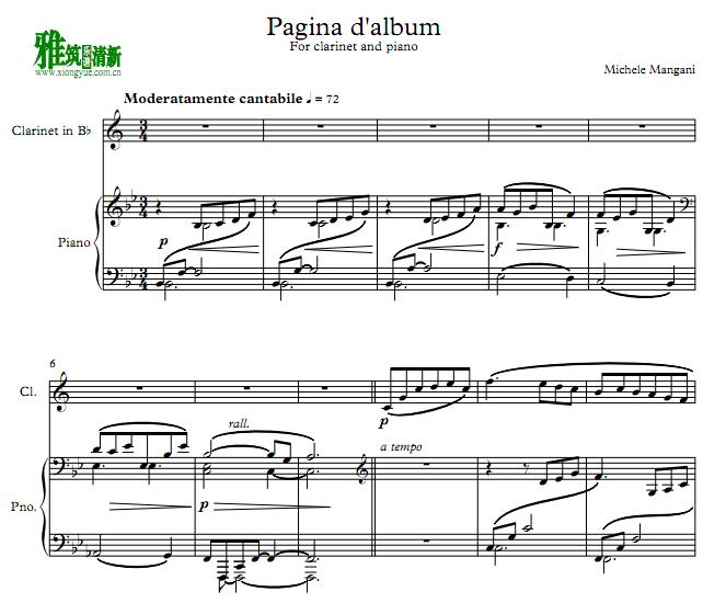 曼加尼 纪念册Pagina d'album单簧管钢琴伴奏谱